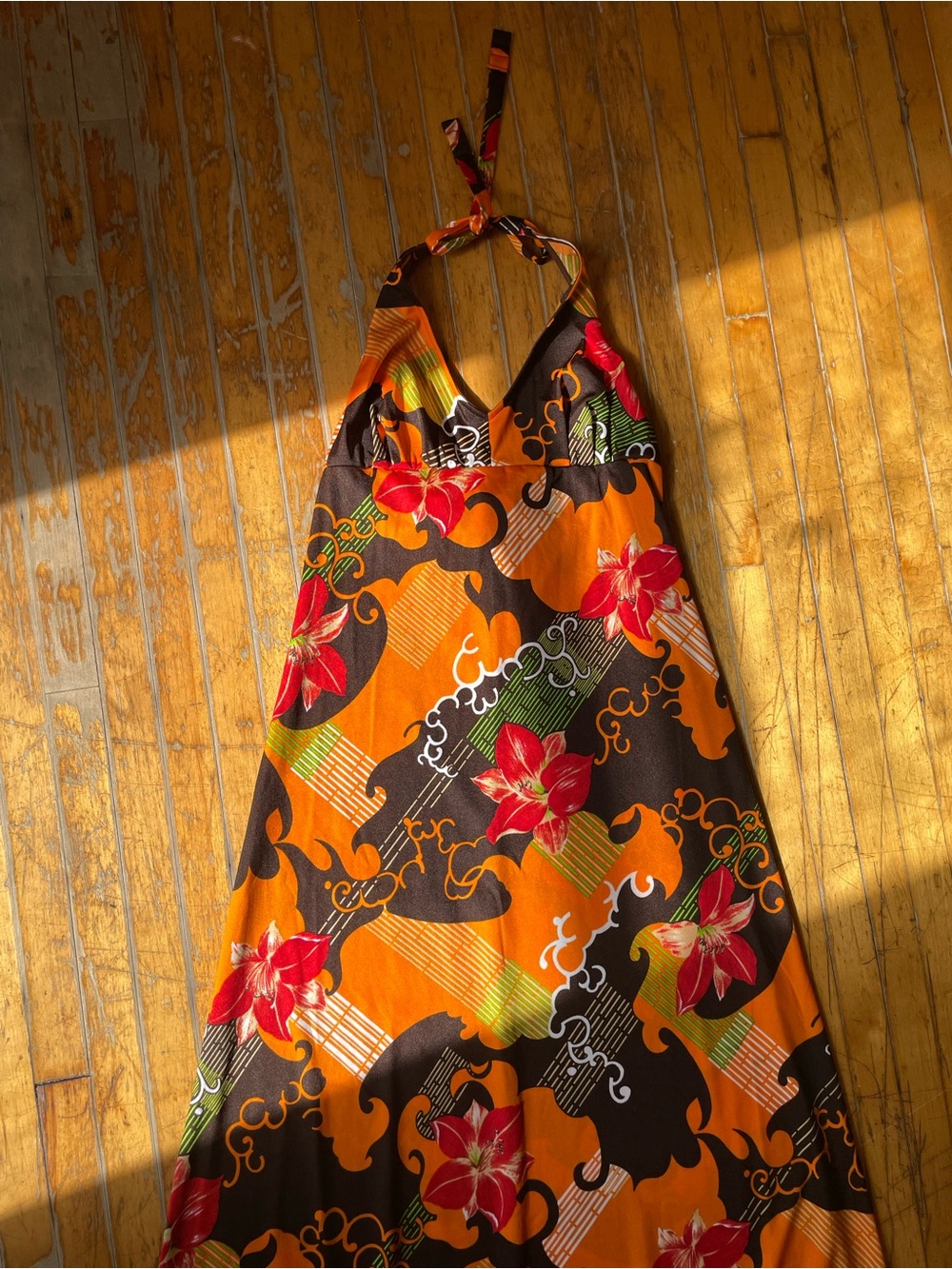1970's Vintage Hibiscus Floral Print Halter Maxi Dress